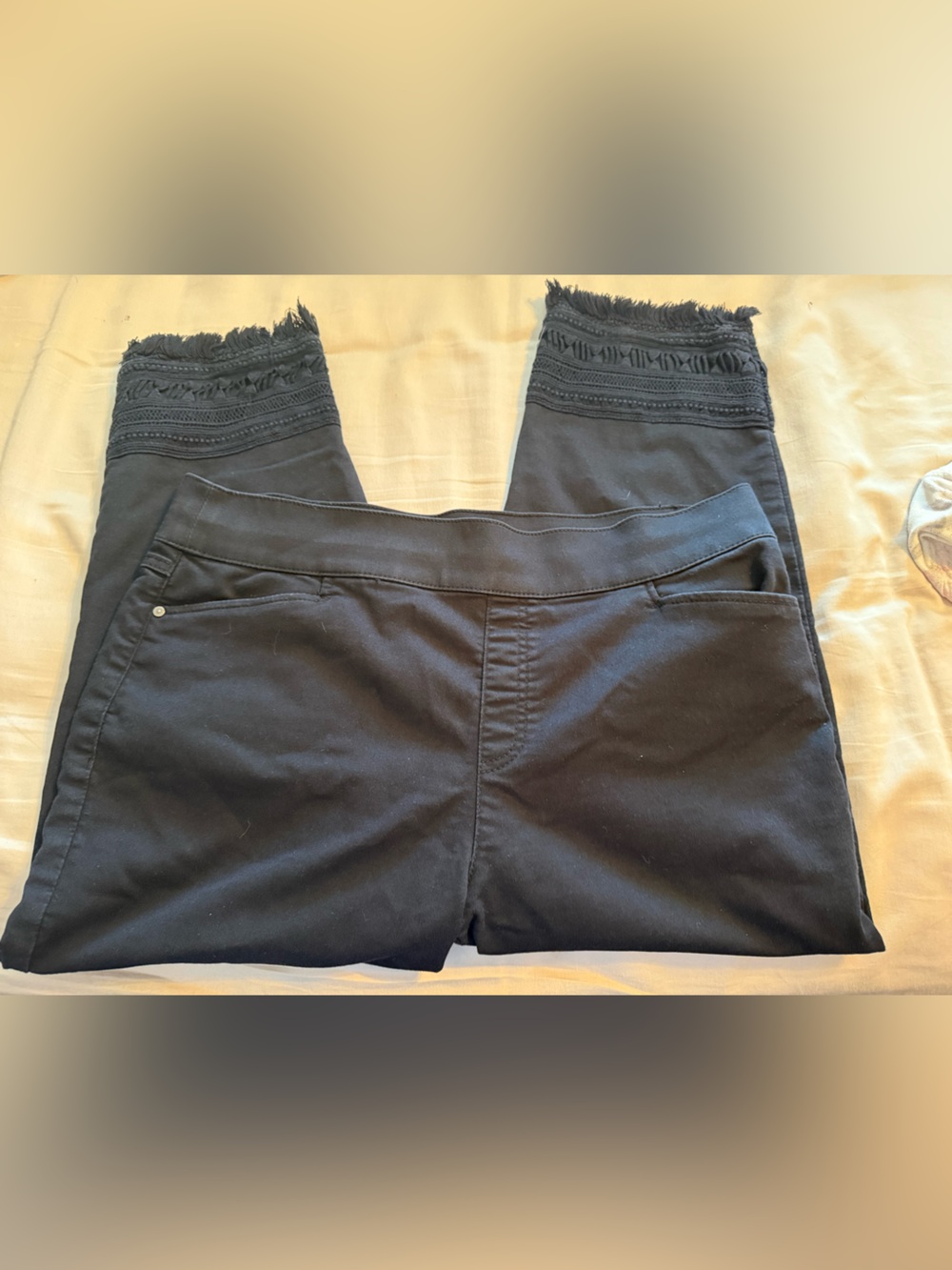Black Fringe Hem with Embroidery Capris